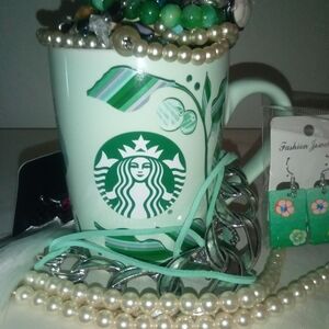 Starbucks Green Ceramic Mug with Mystery Jewelry Bundle